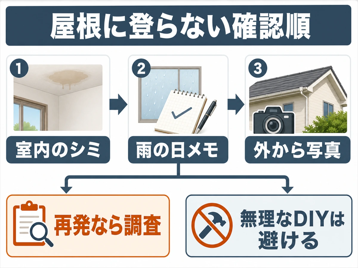 屋根に登らず室内のシミや雨の日メモを確認する流れ