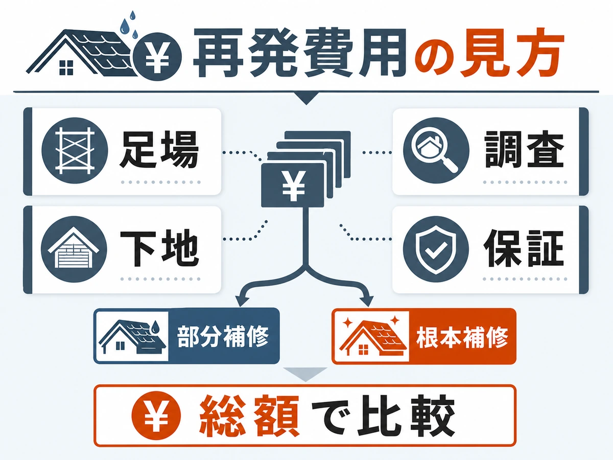 再発費用を足場・調査・下地・保証で総額比較する図