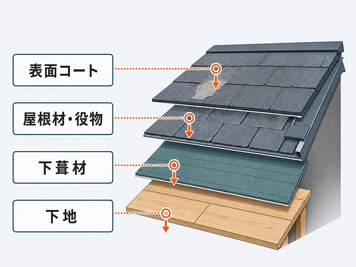 コロニアルグラッサ屋根の表面コート・屋根材・下葺材・下地の4層