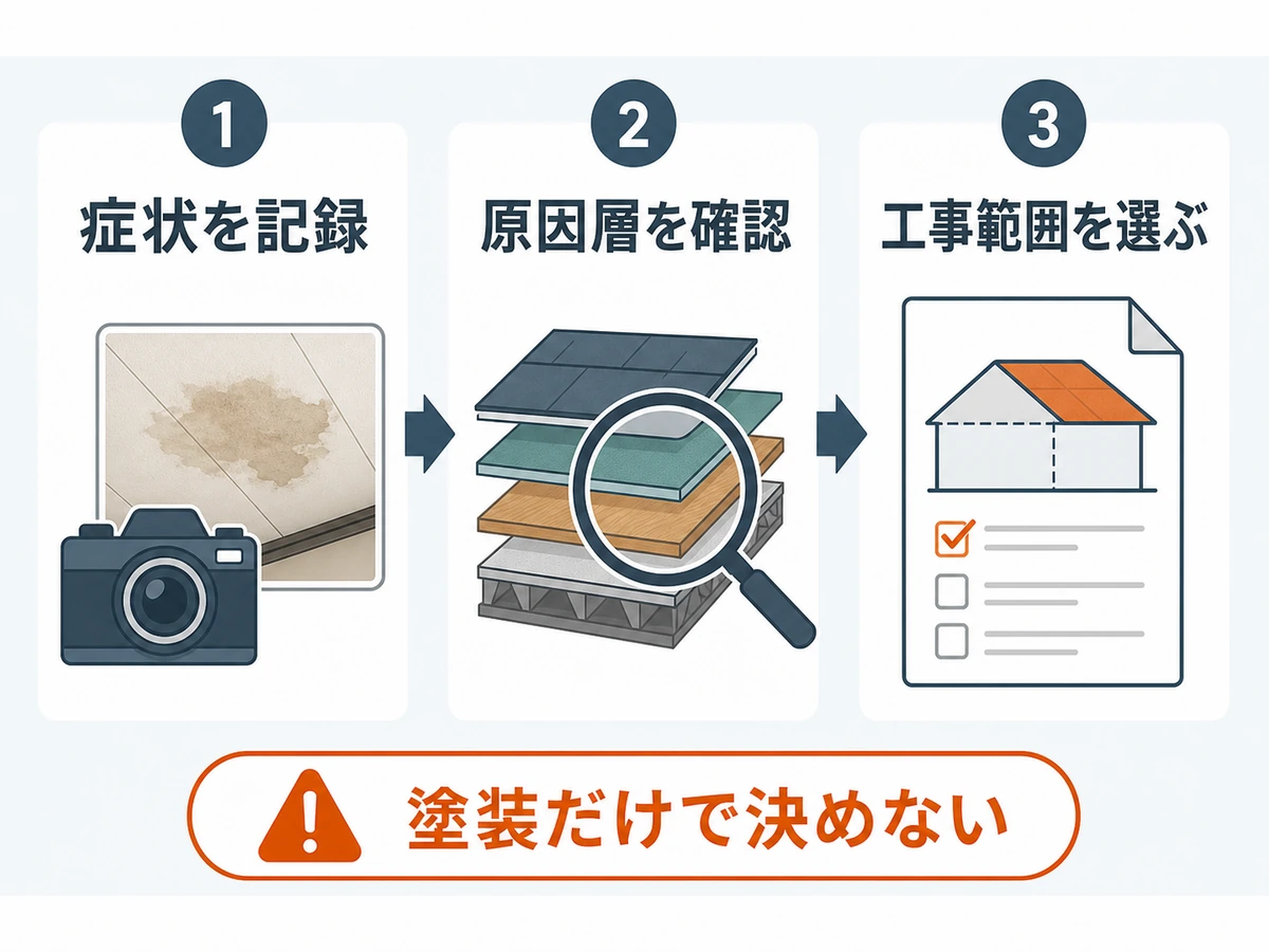 雨漏り症状の記録から原因層確認、工事範囲選択までの判断フロー