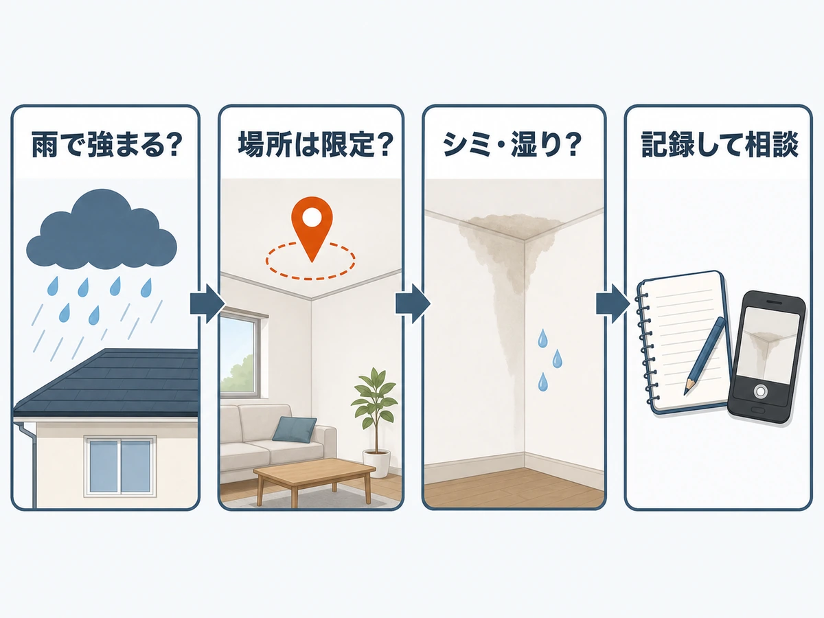 雨と匂いの連動、場所、シミや湿りから相談判断へ進むチャート