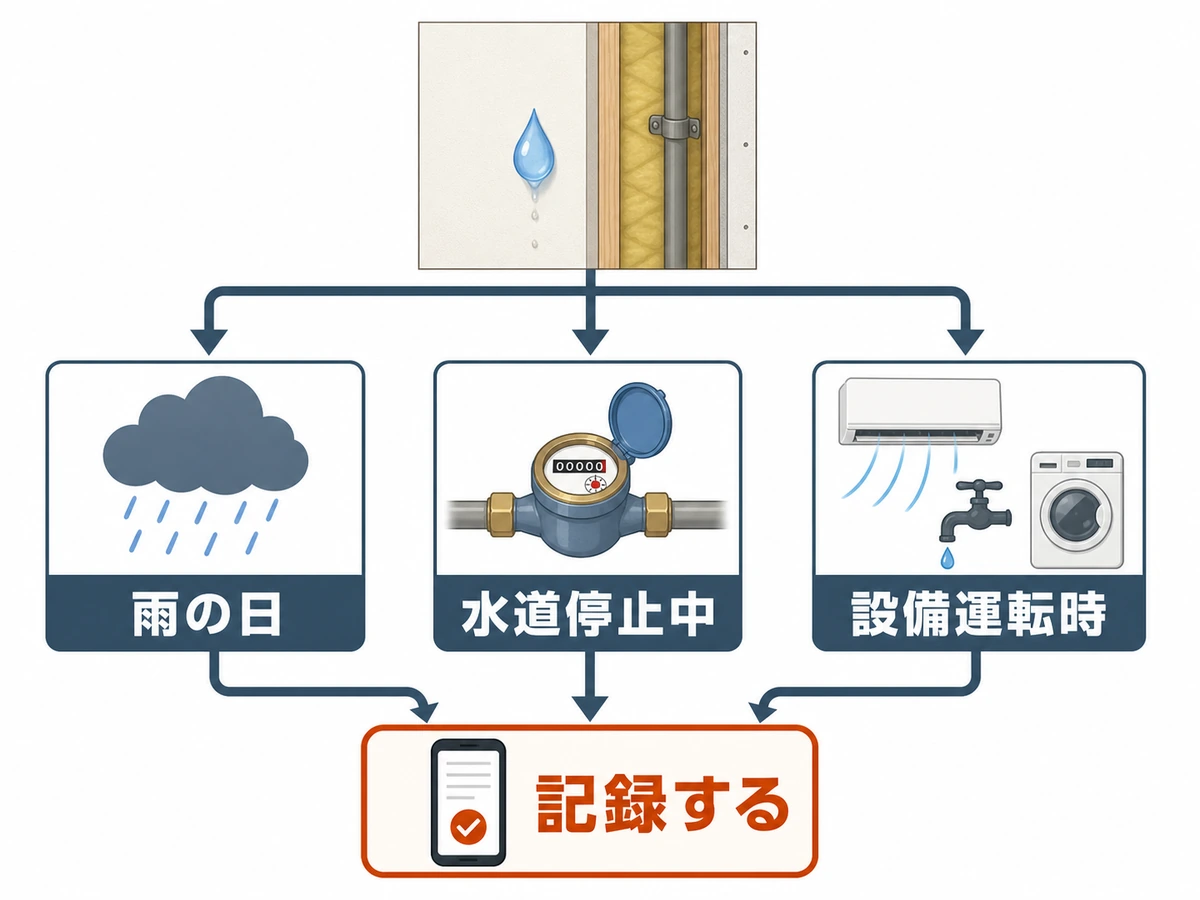 壁の中のポタポタ音を雨の日・水道停止中・設備運転時に分けて記録する確認フロー