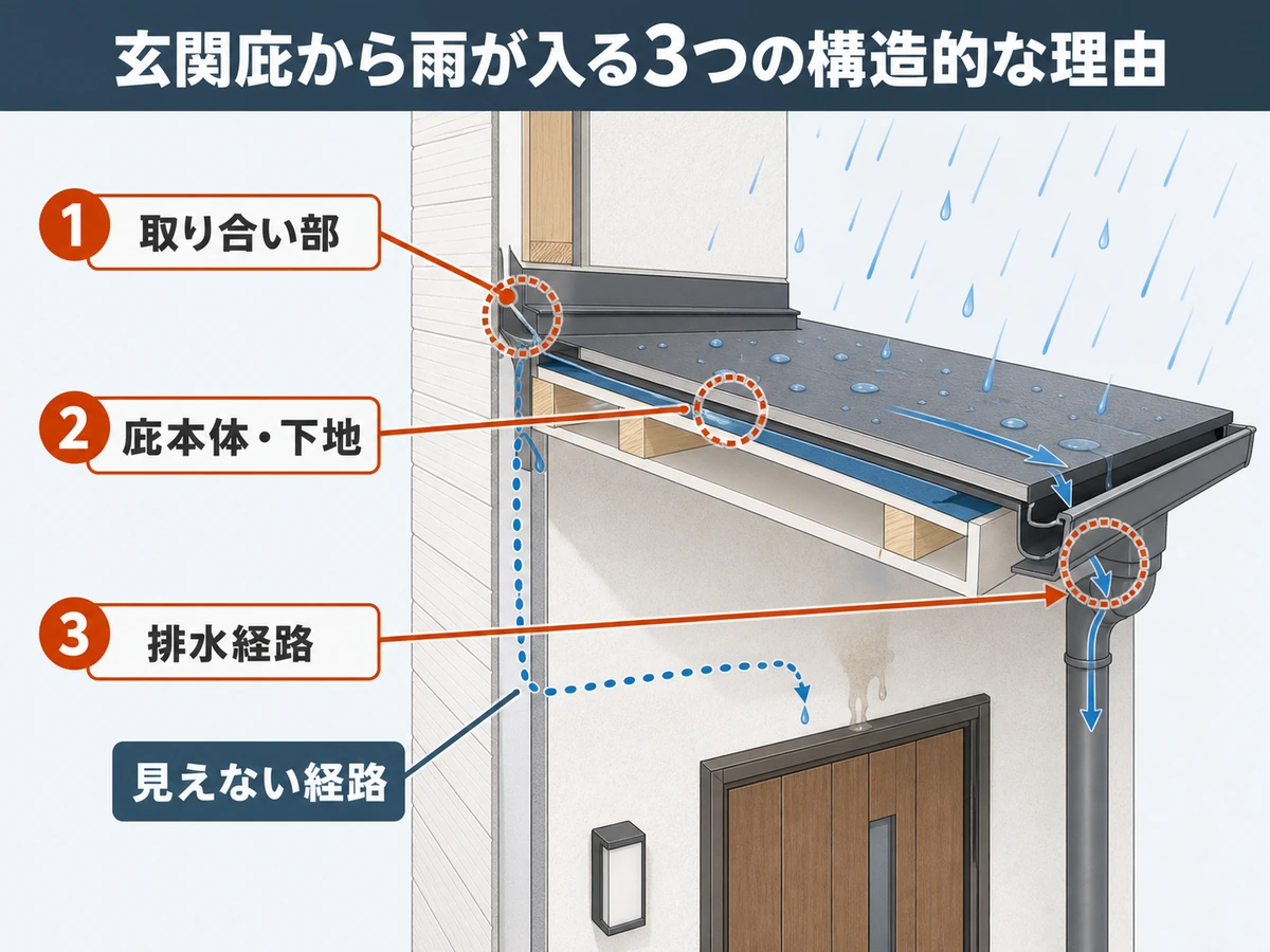 玄関庇の取り合い部、庇本体と下地、排水経路の雨水浸入候補