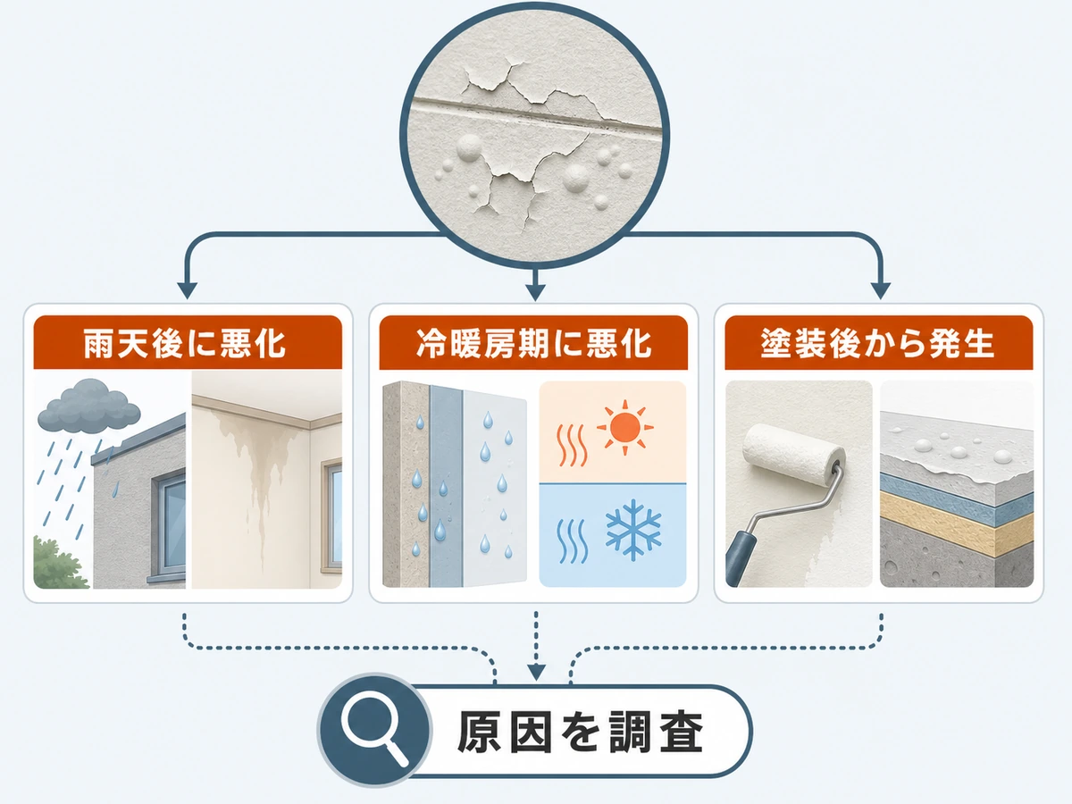外壁塗装の膨れを雨天、冷暖房、塗装後の条件から原因調査へつなぐ図
