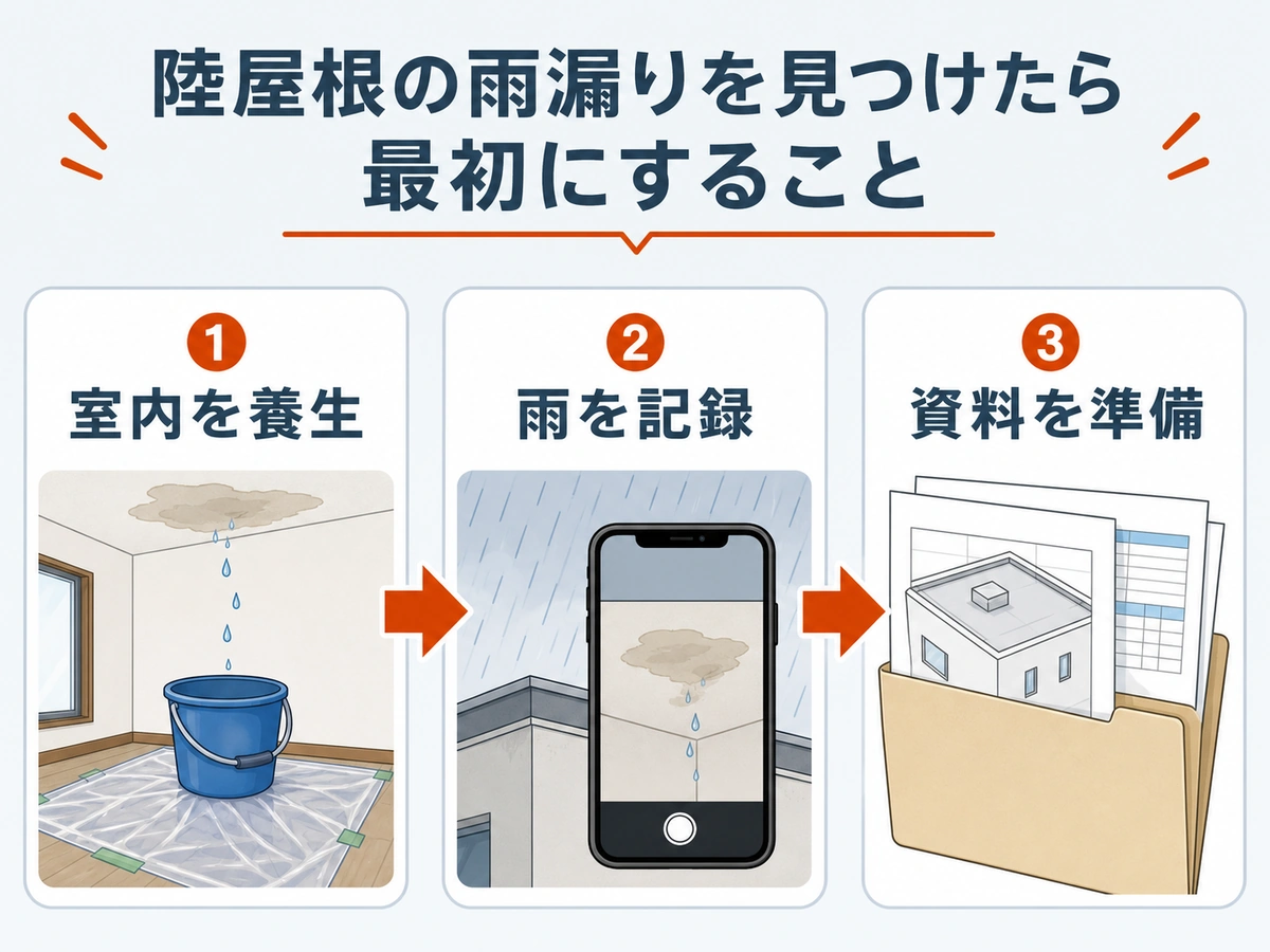 陸屋根の雨漏り時に室内養生、雨の記録、施工資料の準備を行う3段階