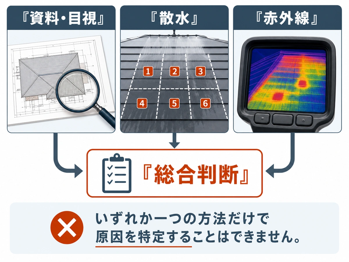 陸屋根の雨漏り調査で資料・目視、散水、赤外線を総合して判断する流れ