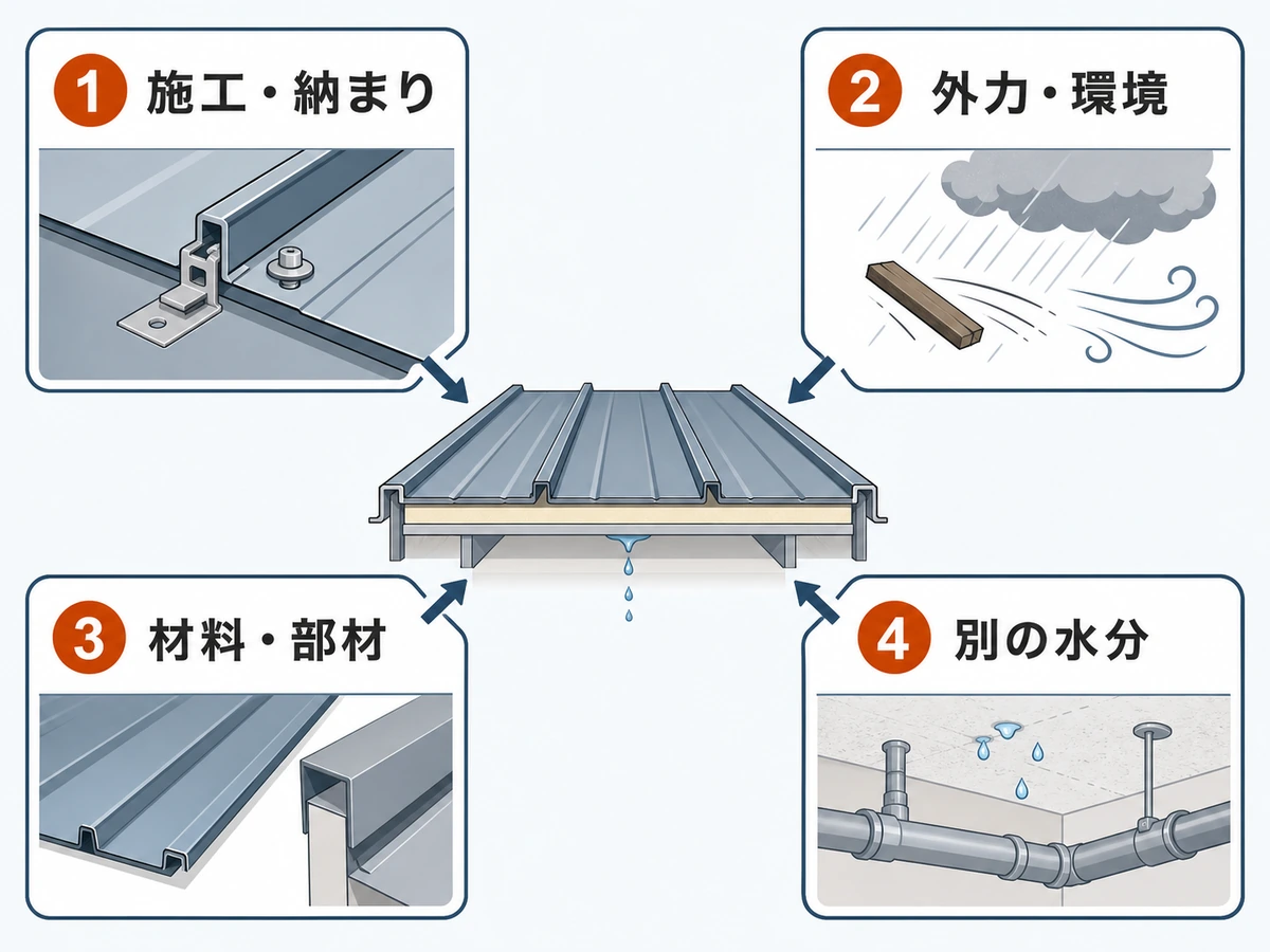 10年以内の雨漏りを施工・外力・材料・別の水分の4方向で確認する図