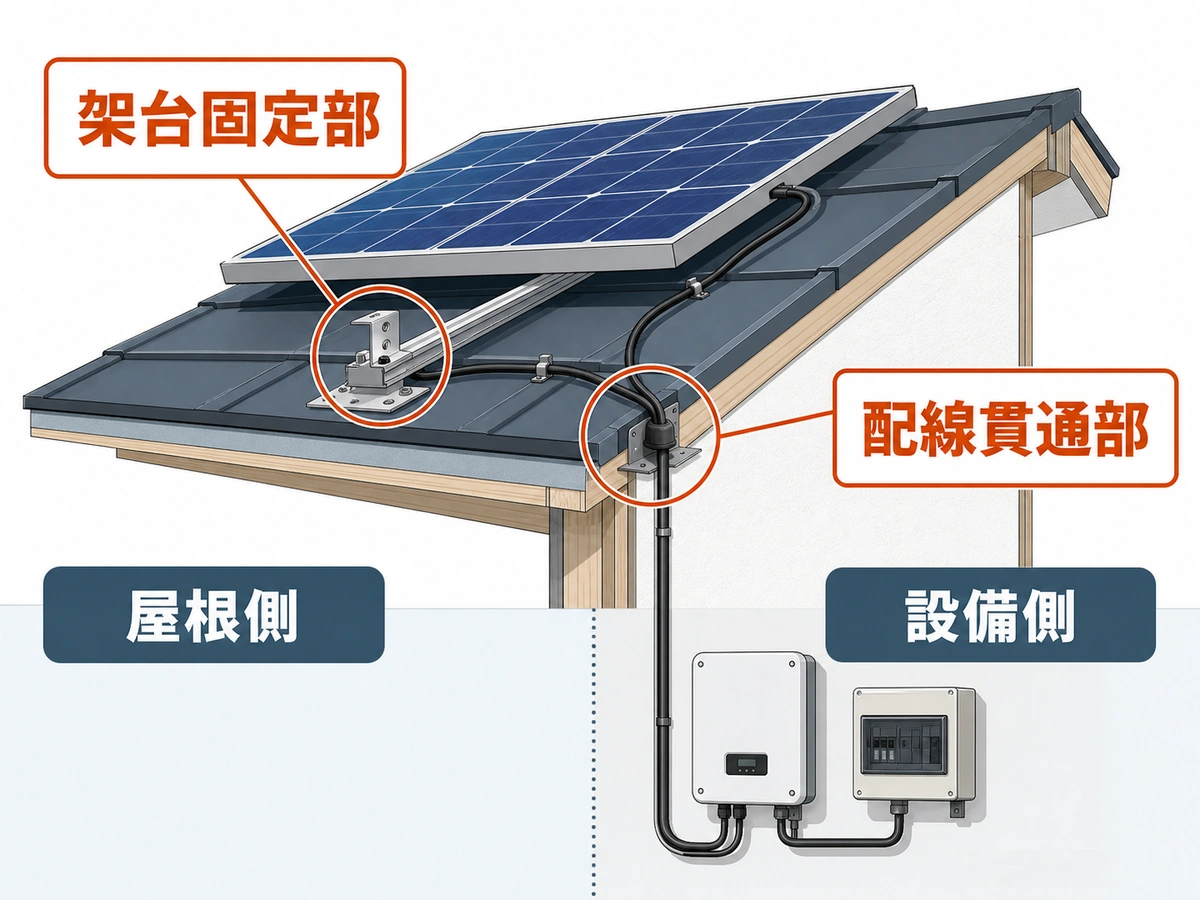 太陽光パネルの架台固定部と配線貫通部を屋根側・設備側に分けた図