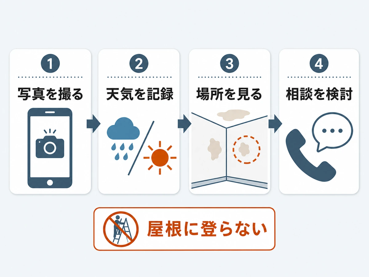 天井や壁のシミを安全に確認する順序を示す図