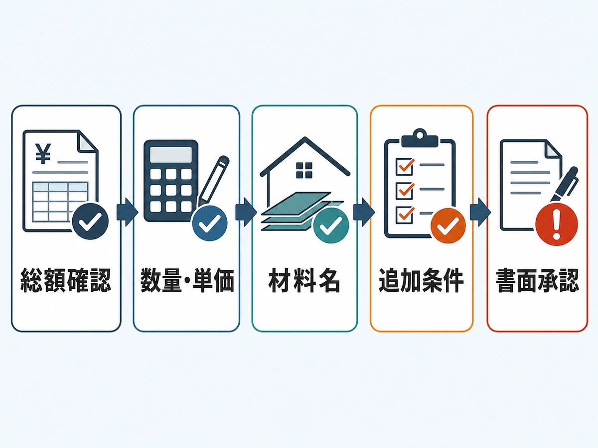 屋根修理の見積書で総額、数量単価、材料名、追加条件、書面承認を確認する流れ