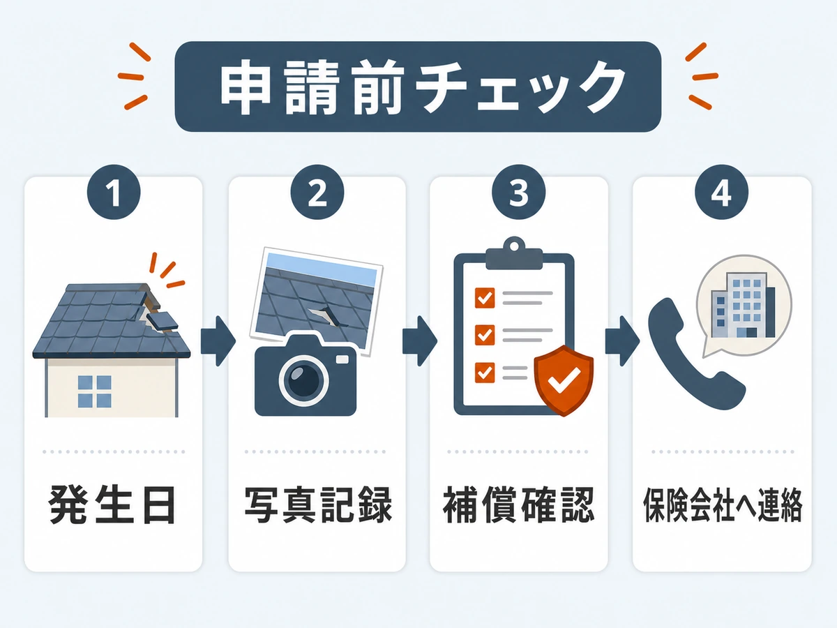 屋根修理で火災保険を申請する前の発生日、写真記録、補償確認、保険会社連絡の流れ