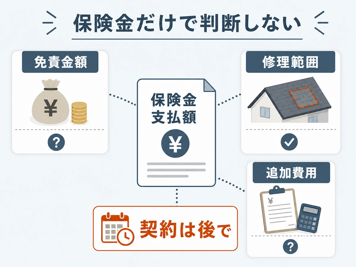 屋根修理の保険金支払額だけで判断せず免責金額、修理範囲、追加費用、契約時期を確認する図解