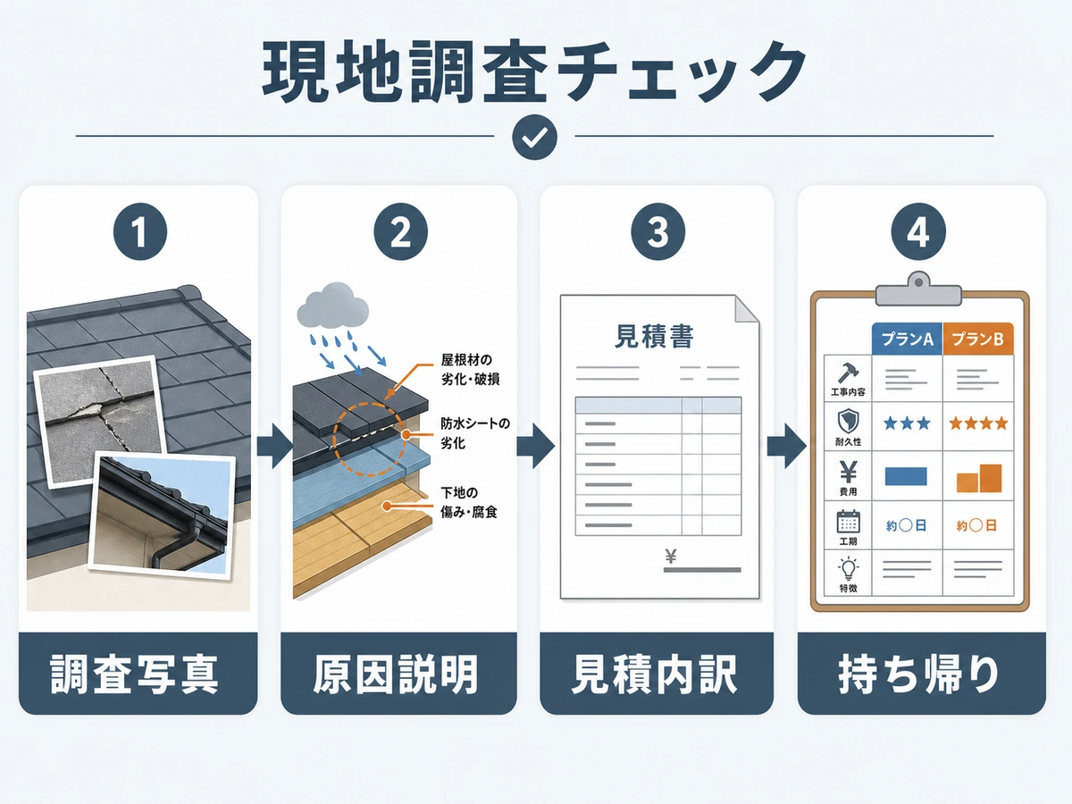 現地調査で調査写真、原因説明、見積内訳、持ち帰りを確認する流れ