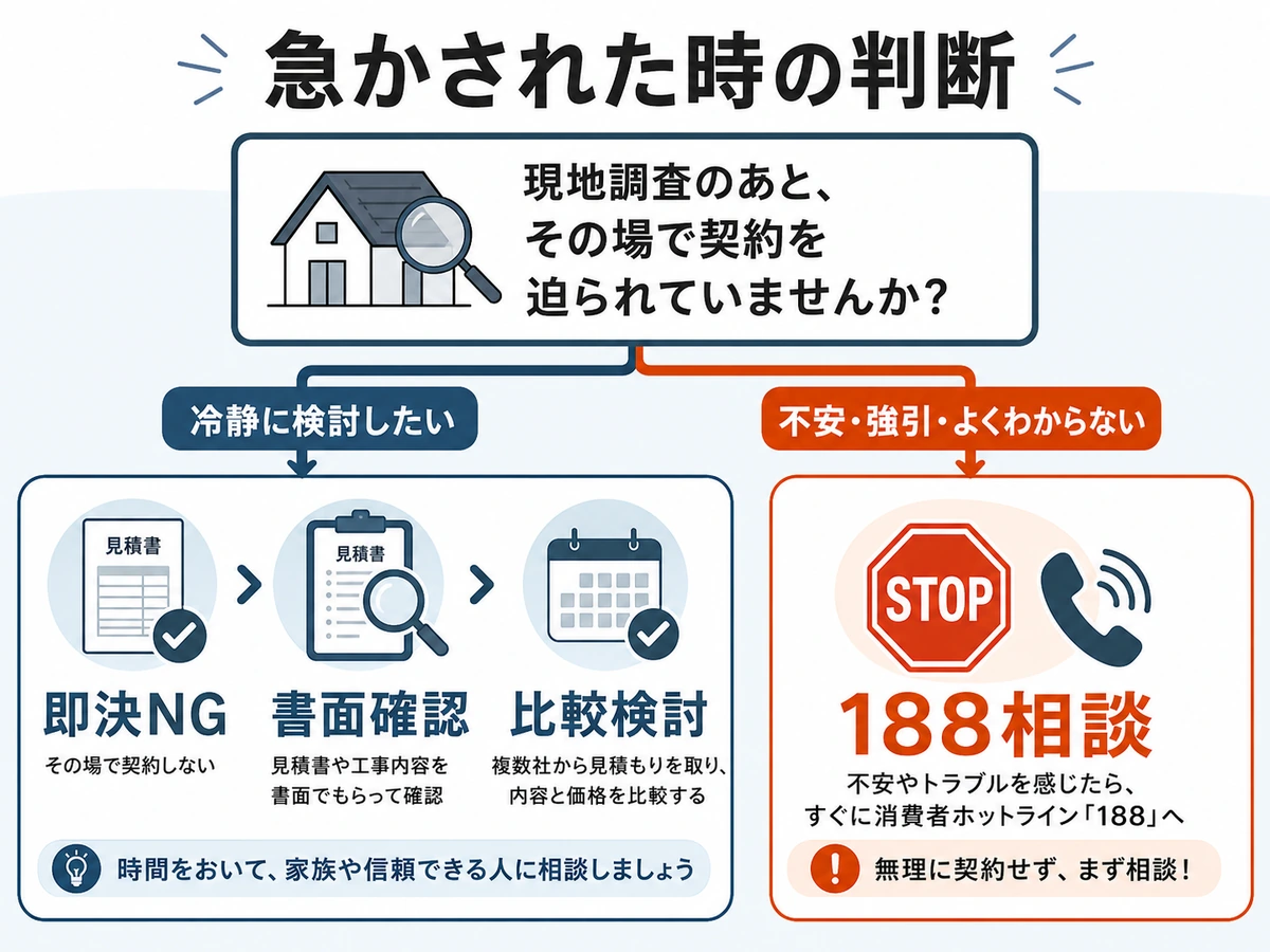 屋根修理の現地調査後に即決せず書面確認、比較検討、188相談へ進む判断図