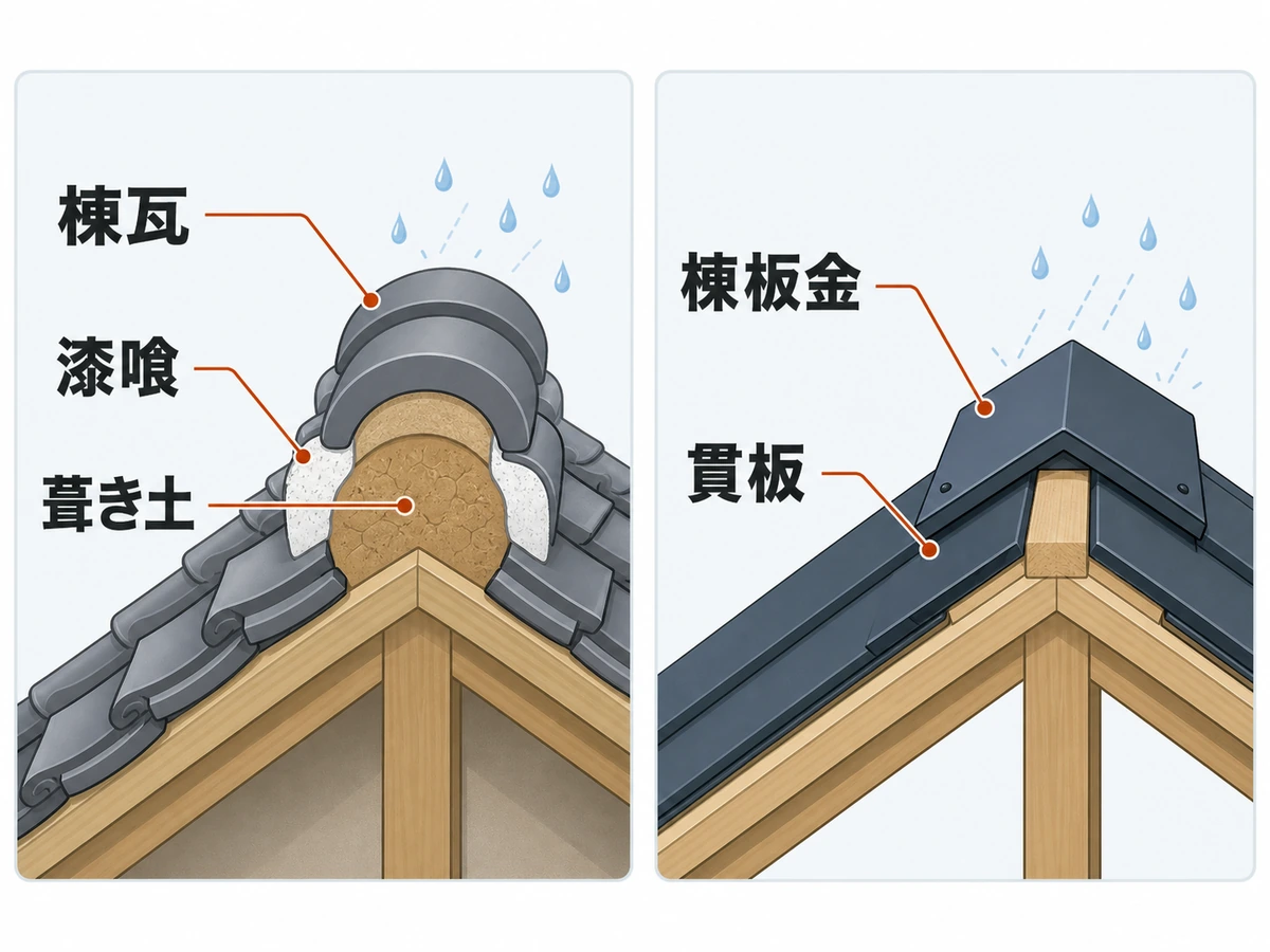 瓦棟の棟瓦・漆喰・葺き土と、棟板金・貫板の位置を比べた図