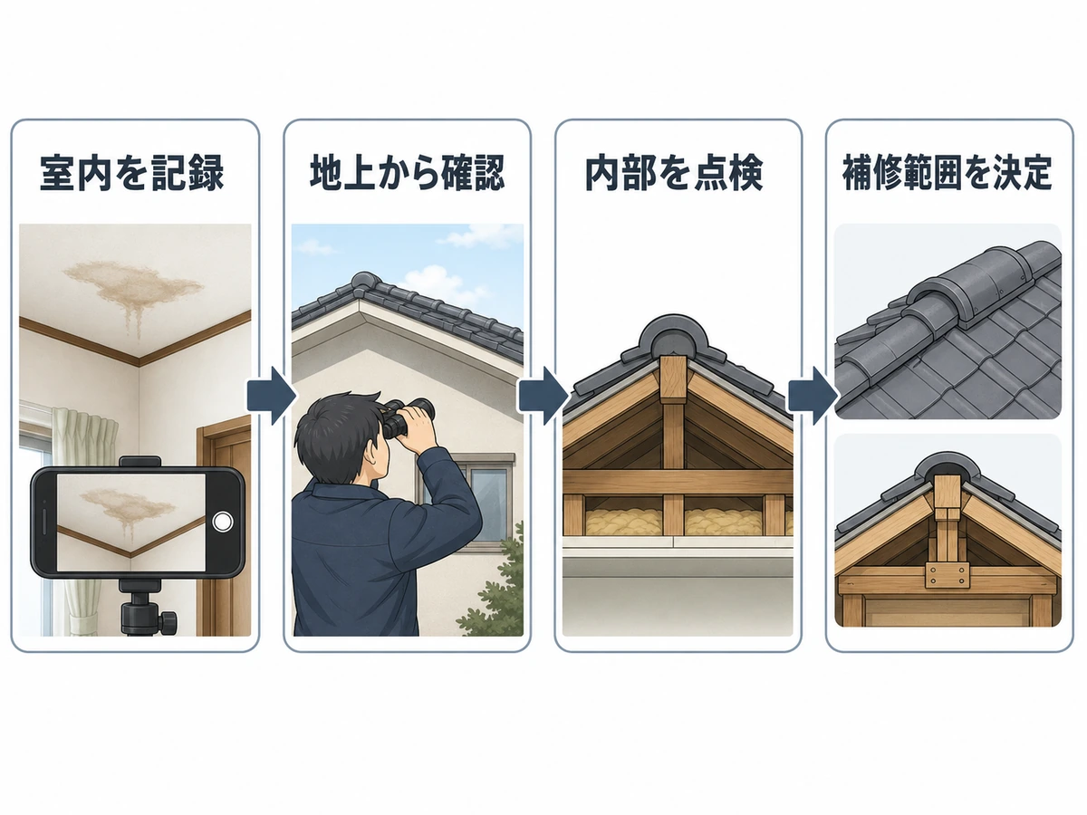 棟の雨漏りを室内記録から地上確認、内部点検、補修範囲決定へ進める流れ