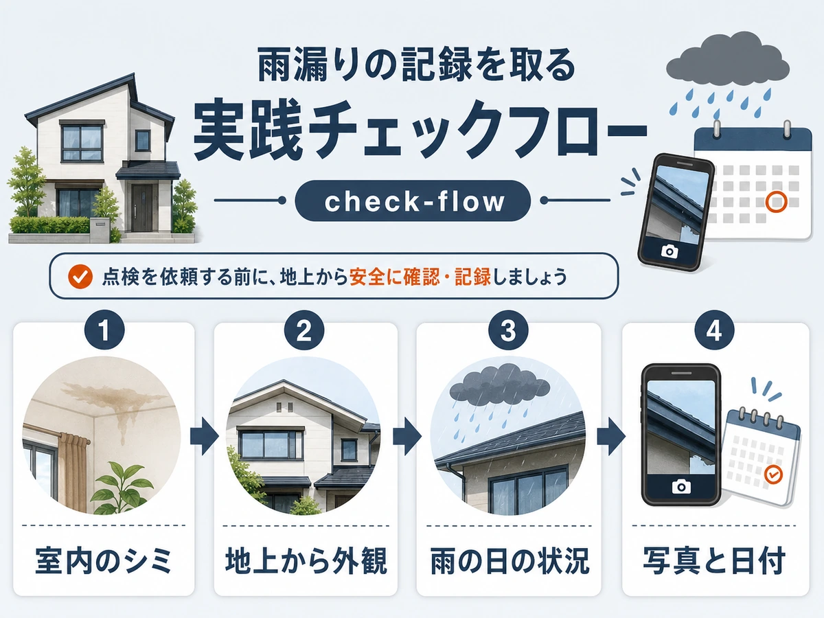室内のシミ、地上からの外観、雨の日の状況、写真と日付を記録する確認フロー図