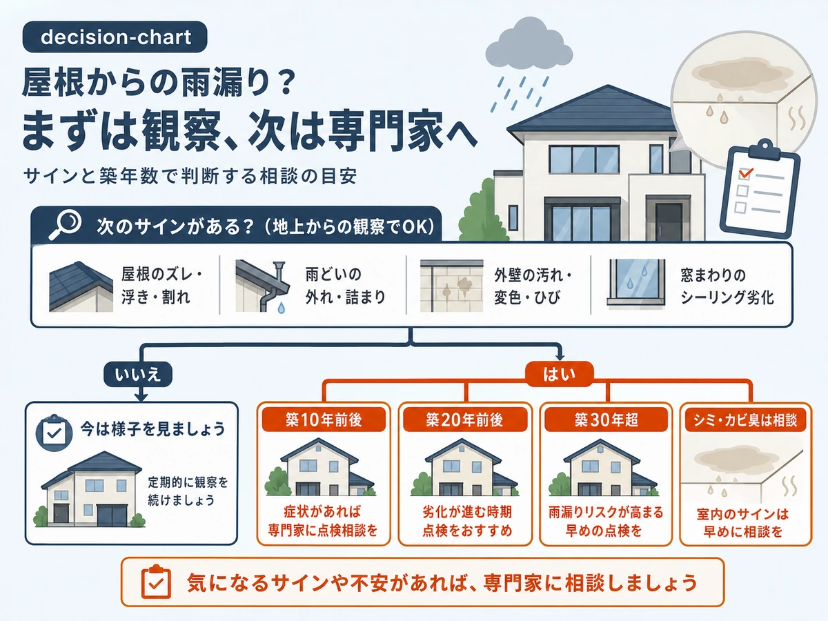 築年数と室内サインから点検相談へ進む目安を示す判断図