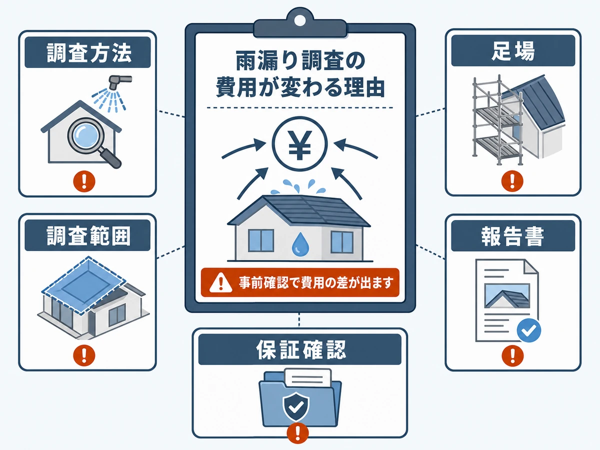 雨漏り調査費用が変わる主な要因を示す図解