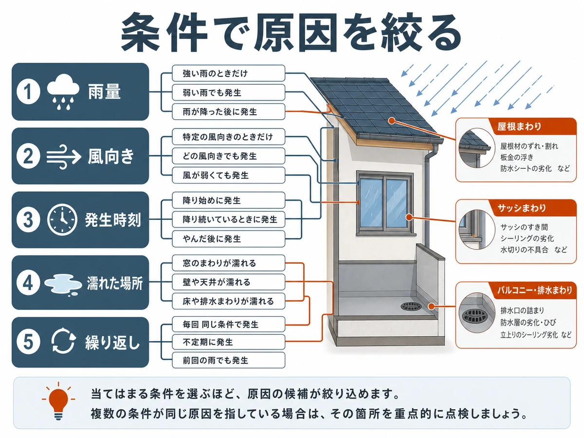 雨量、風向き、発生時刻、濡れた場所、繰り返しで雨漏り原因を絞る図解