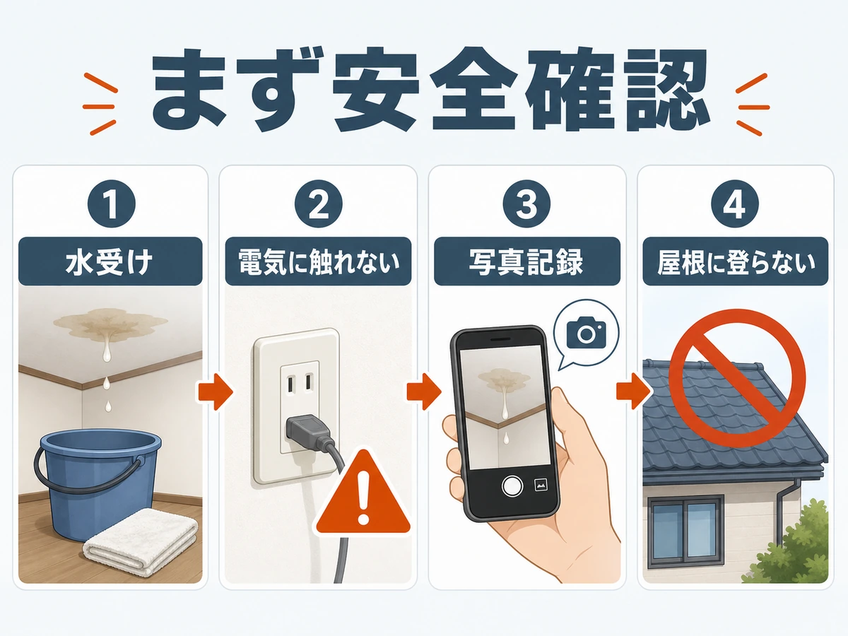 雨漏り直後に行う水受け、電気安全、写真記録、屋根に登らない確認順