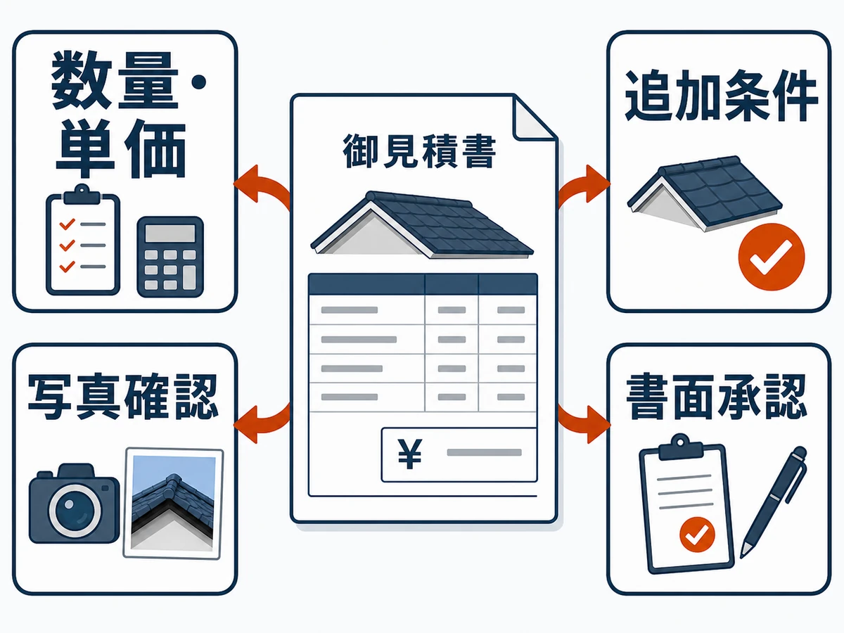 屋根修理の見積書で数量単価、追加条件、写真確認、書面承認を確認する図