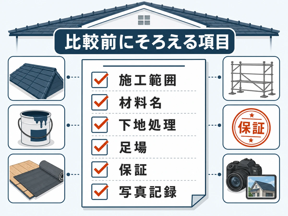 屋根修理の見積もり比較前にそろえる施工範囲、材料名、下地処理、足場、保証、写真記録のチェック図