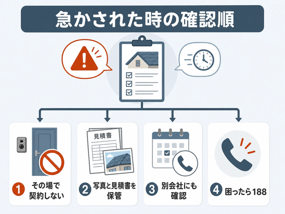 屋根修理の訪問点検で急かされた時に、契約しない、保存する、別会社に確認する、188へ相談する流れの図