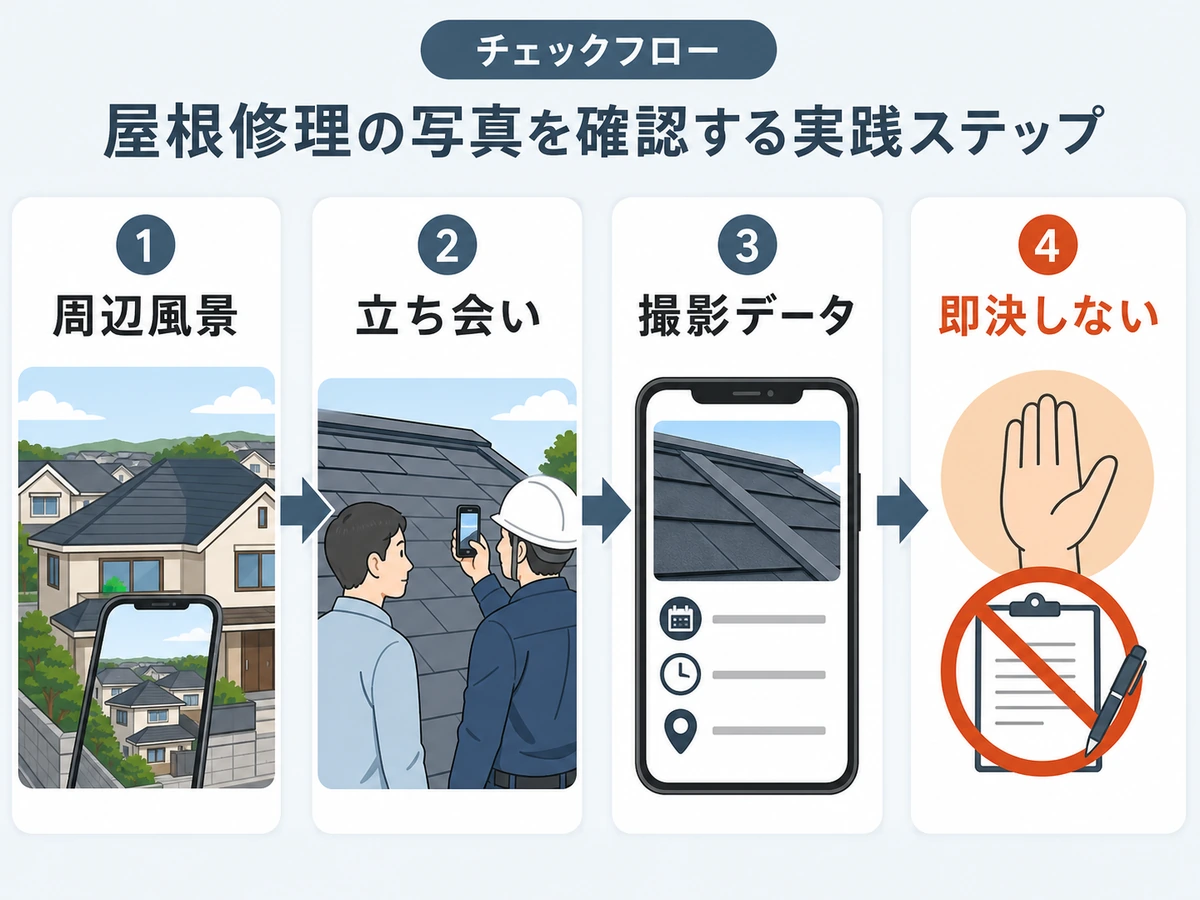 屋根修理の写真を確認する周辺風景・立ち会い・撮影データ・即決しない流れ