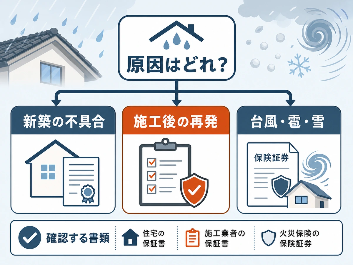再発時に新築保証・施工保証・火災保険を分けて確認する判断図