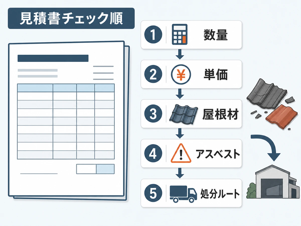 屋根修理の廃材処分費を見積書で確認する順番を示す図
