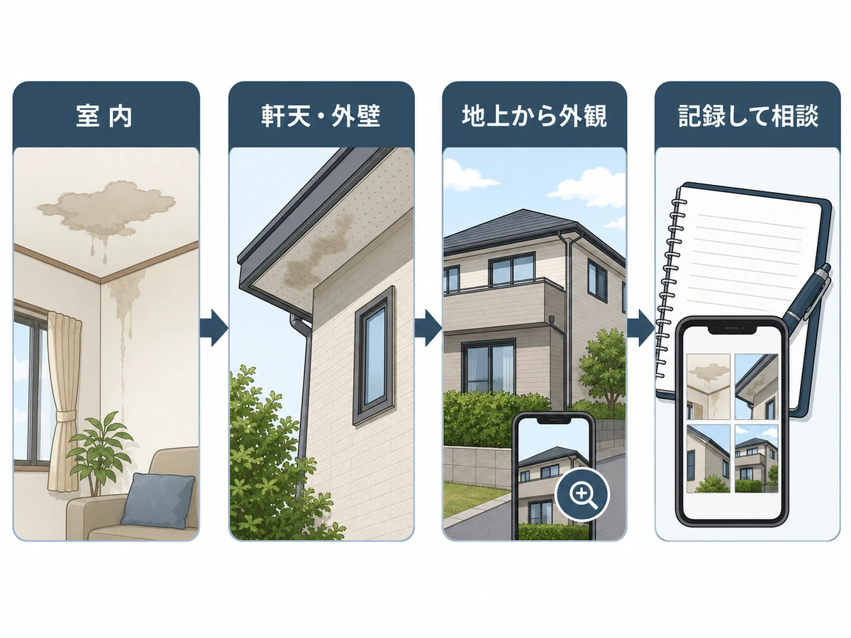 屋根に上らず室内、軒天・外壁、地上から外観の順に確認して記録する流れ