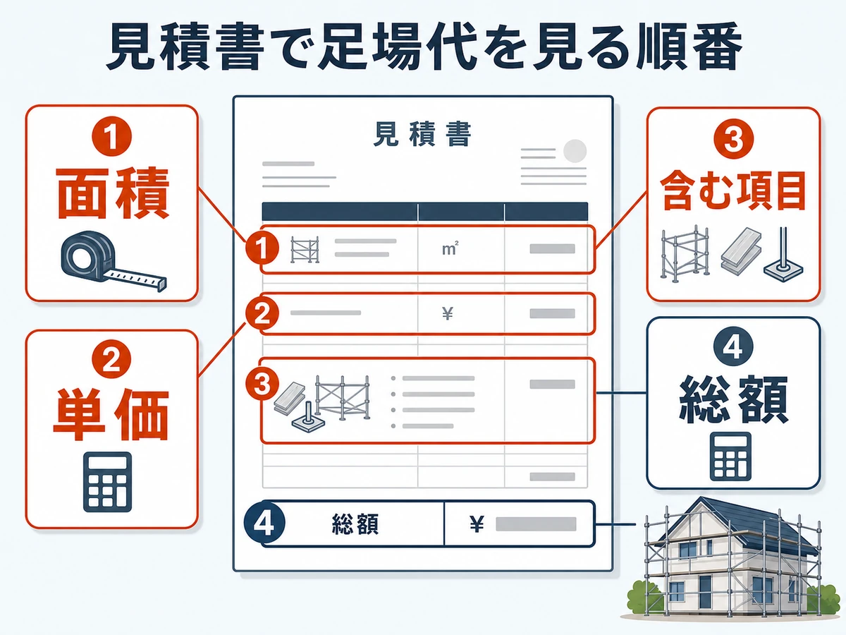 足場代の見積書で面積、単価、含む項目、総額を見る順番