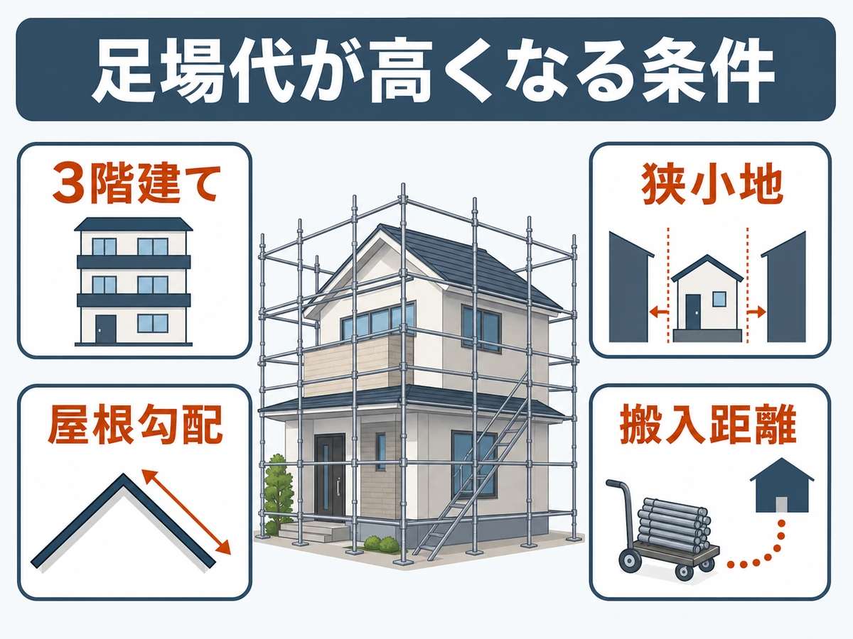 足場代が高くなる3階建て、狭小地、屋根勾配、搬入距離の条件