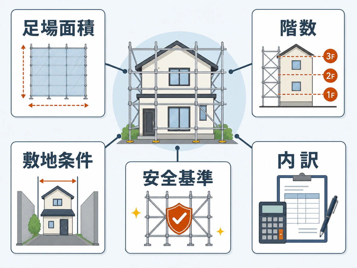 足場代が上がる要因として足場面積・階数・敷地条件・安全基準・内訳を示す図