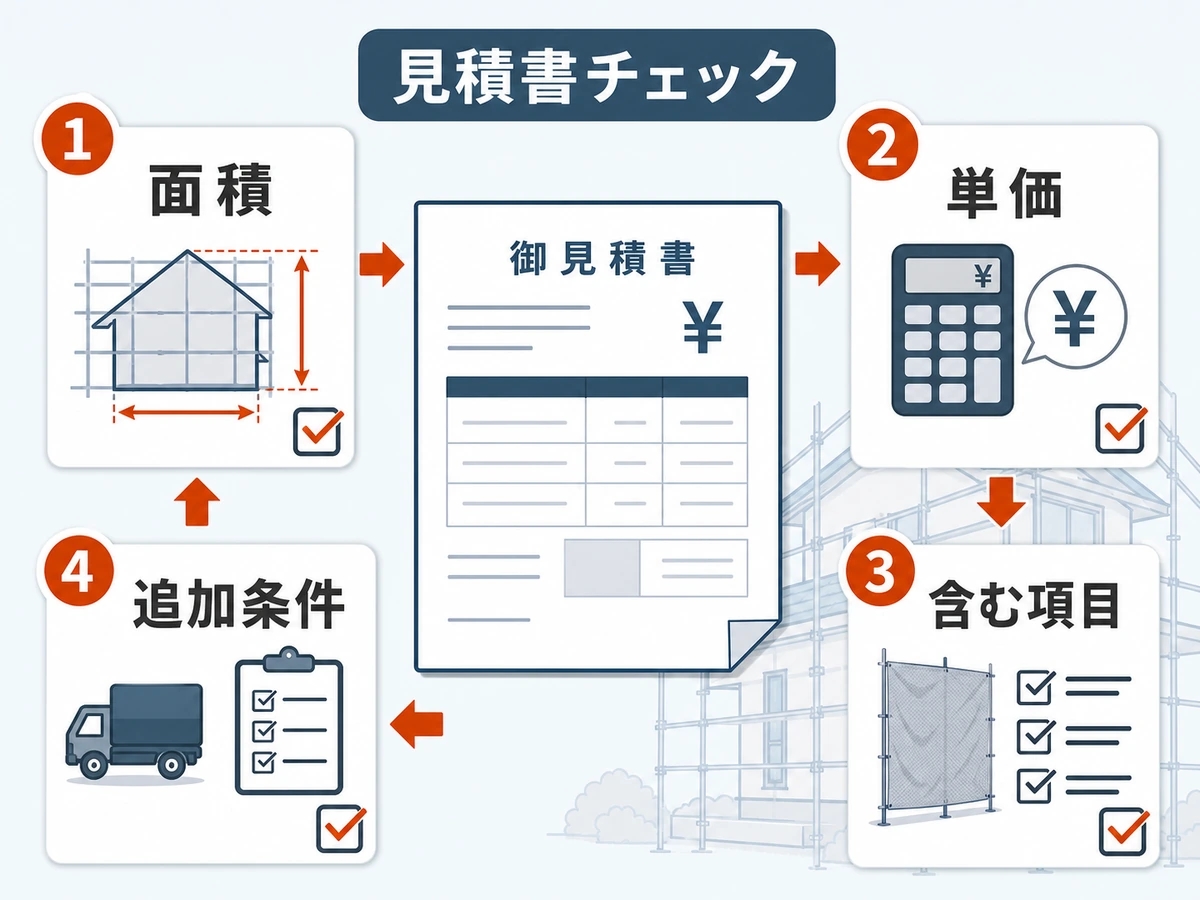 足場代の見積書で面積・単価・含む項目・追加条件を見る順番を示す図