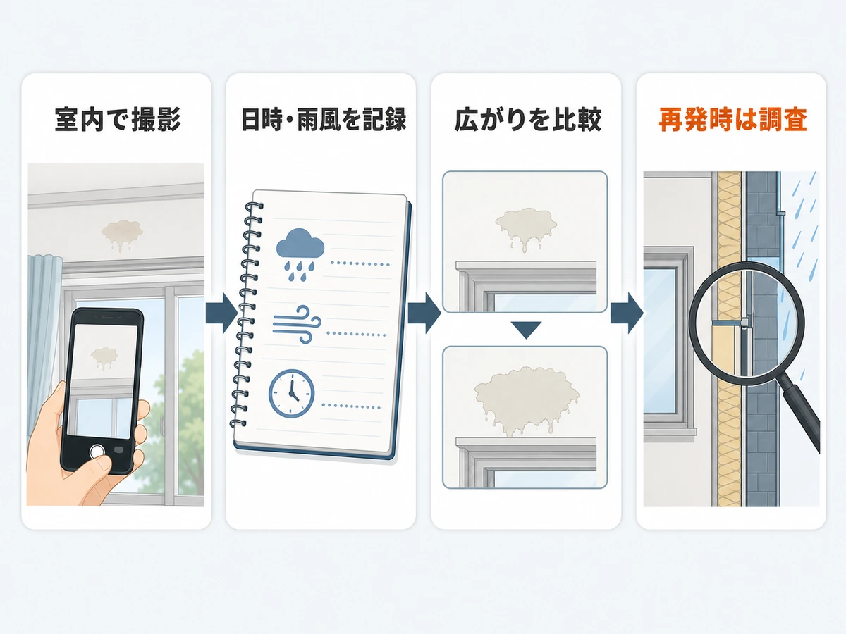 窓上の雨染みを室内で撮影し、日時・雨風・広がりを記録して再発時の調査へ進む流れ