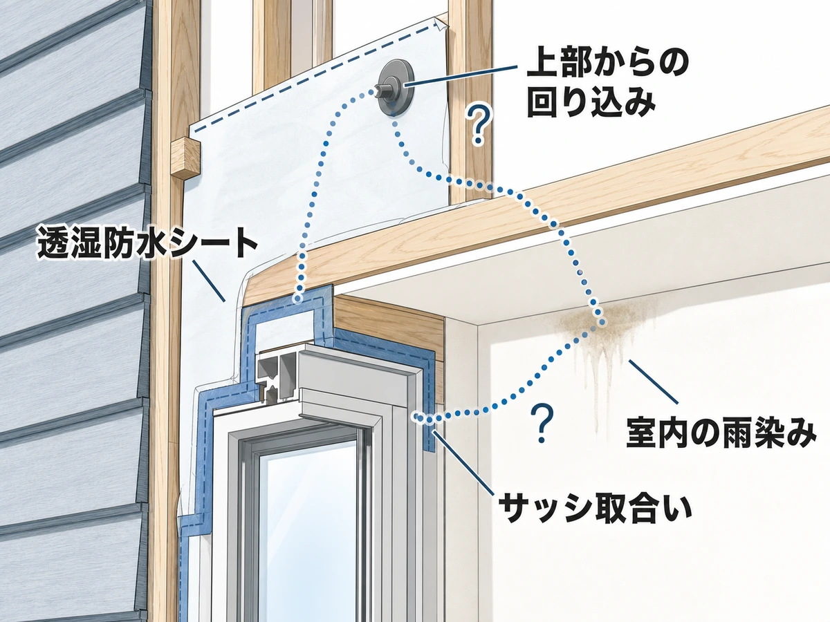 窓上の雨染みにつながる可能性がある上部、サッシ取合い、透湿防水シートの位置関係