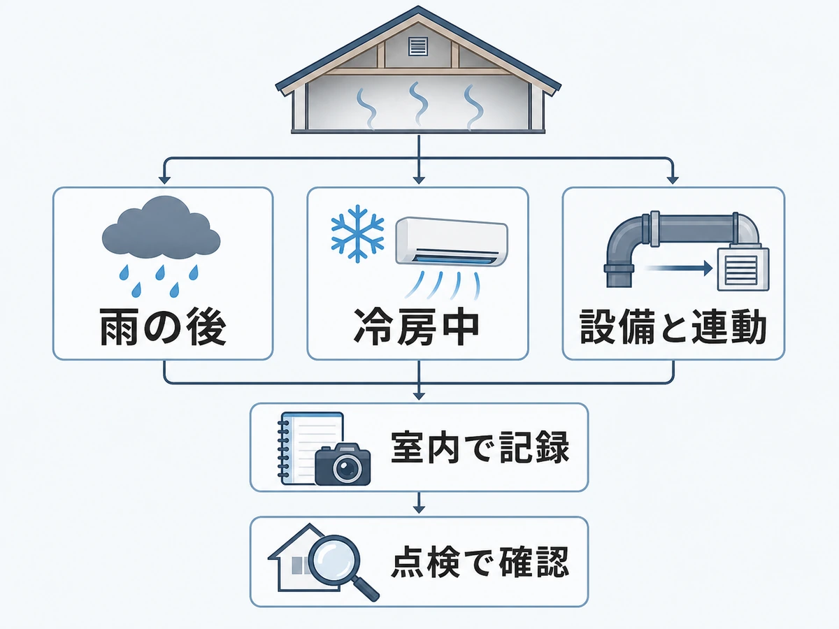 雨の後・冷房中・設備使用時の臭いを室内で記録し点検につなげる確認フロー