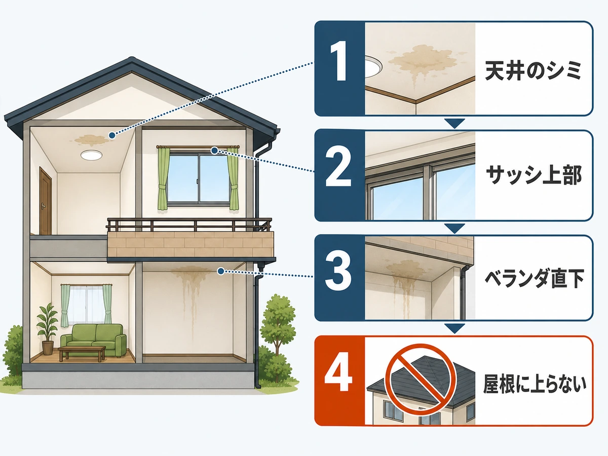天井のシミ・サッシ上部・ベランダ直下を屋根に上らず確認する流れ