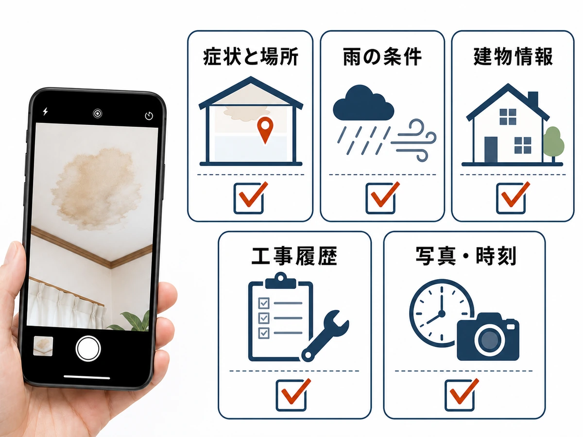 雨漏り業者へ伝える症状・雨の条件・建物情報・工事履歴・写真時刻のチェック