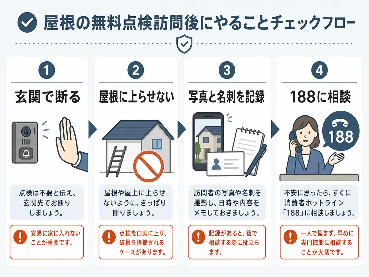 屋根の無料点検訪問後に断る、記録する、188に相談する流れを示す図解