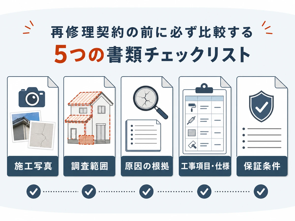 再修理前に施工写真、調査範囲、原因の根拠、工事項目と仕様、保証条件を確認する図