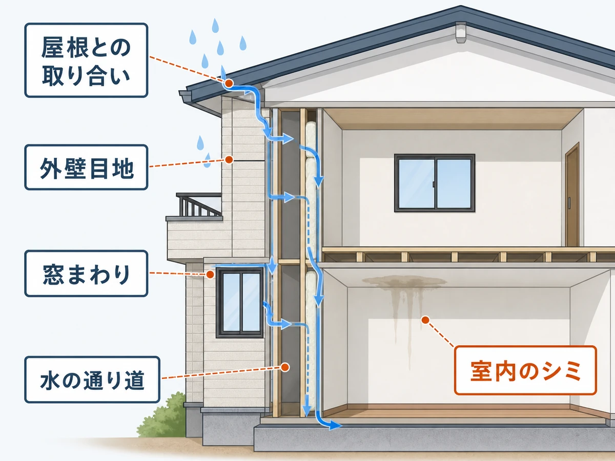 屋根との取り合い、外壁目地、窓まわりから室内のシミまで雨水が移動する可能性を示す図