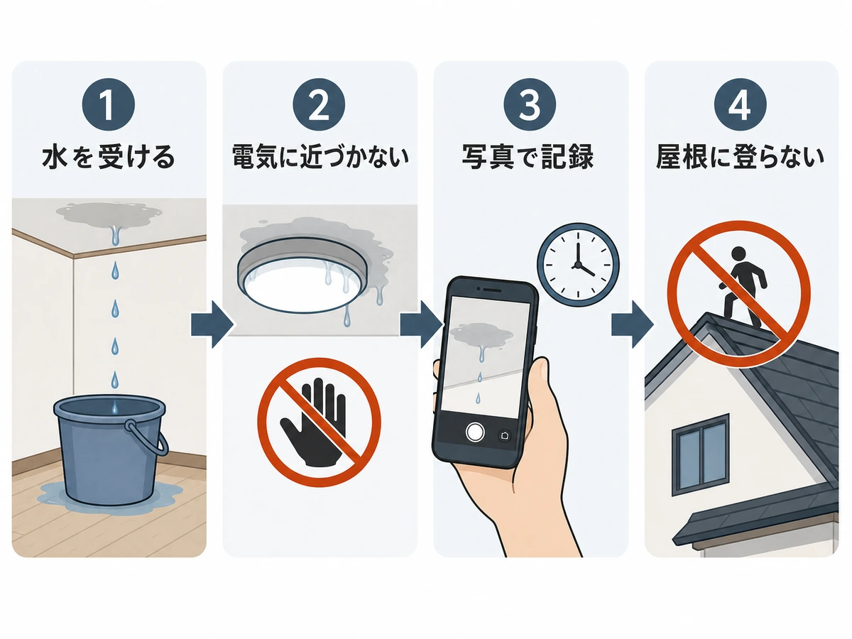 強風時の雨漏りで、水受け、電気から離れる、写真記録、屋根に登らない順を示す図