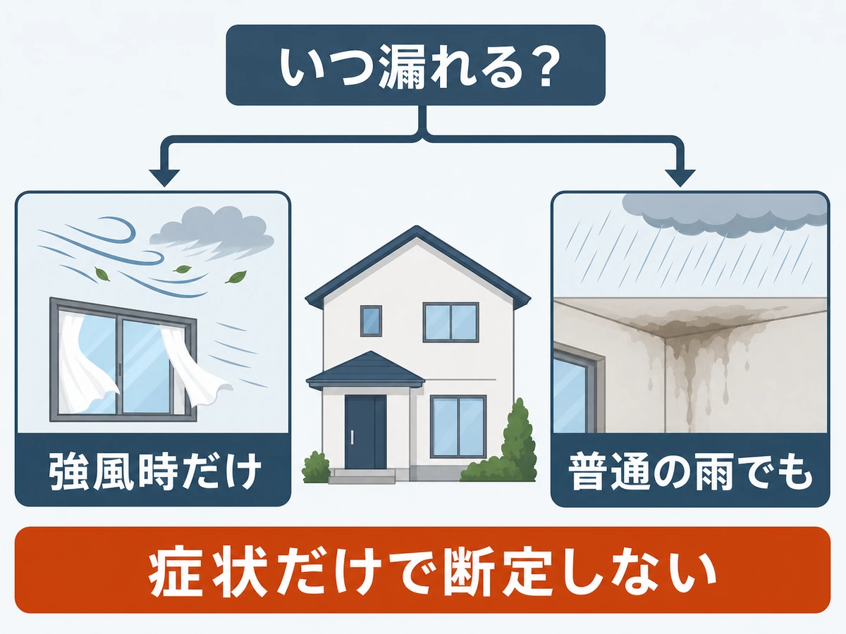 強風時だけの漏水と普通の雨でも起きる漏水を比べ、症状だけで断定しない流れを示す図