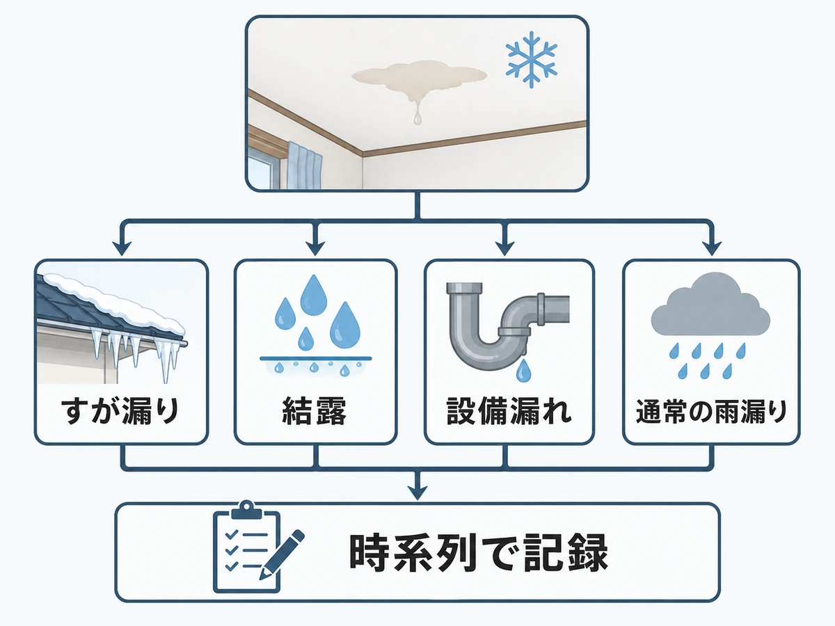 冬だけ天井が濡れるときの原因候補を、すが漏り・結露・設備漏れ・通常の雨漏りに分けた図