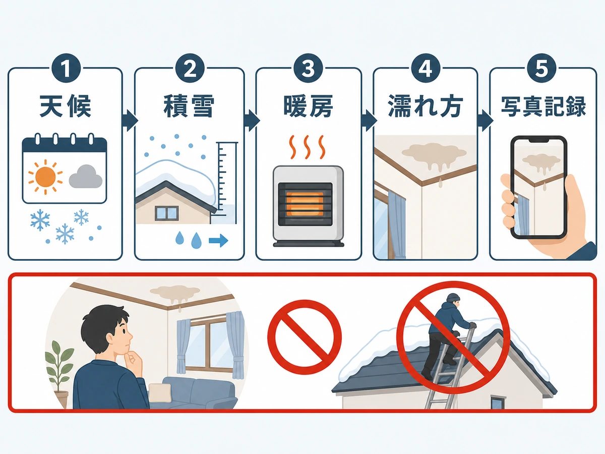 冬の水漏れで天候・積雪・暖房・濡れ方・写真を順に記録する確認フロー