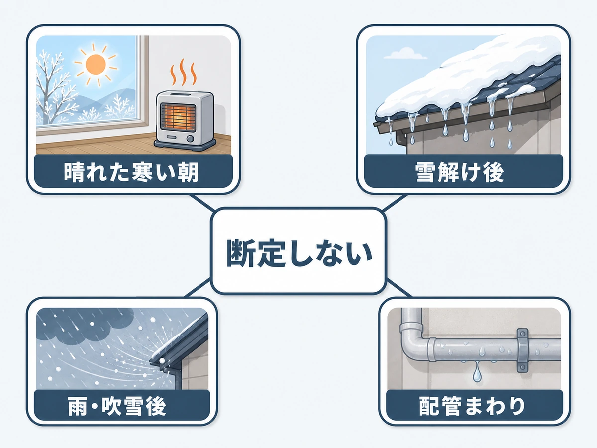 晴れた寒い朝・雪解け後・雨や吹雪の後・配管まわりから原因候補を整理する図