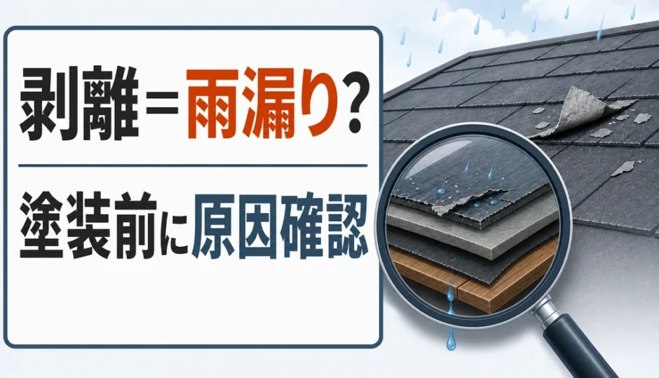 コロニアルグラッサの剥離と雨漏り原因の違いを示す図